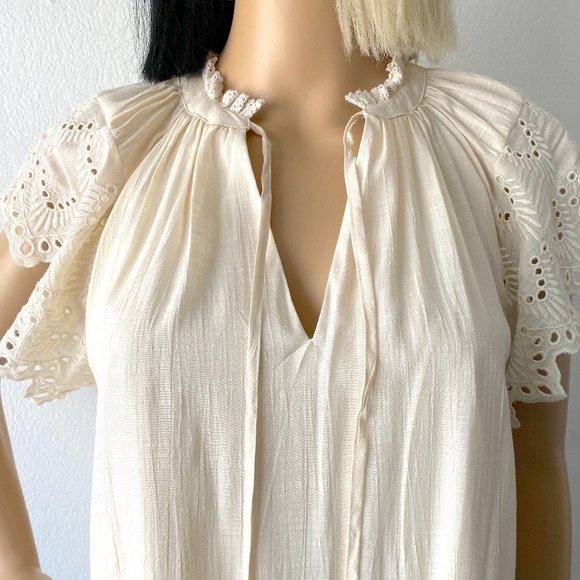 Boho Chic Shift Dress | Eyelet Lace Flutter Sleeve Dress | Cream Ivory Dress XS - Picture 8 of 10